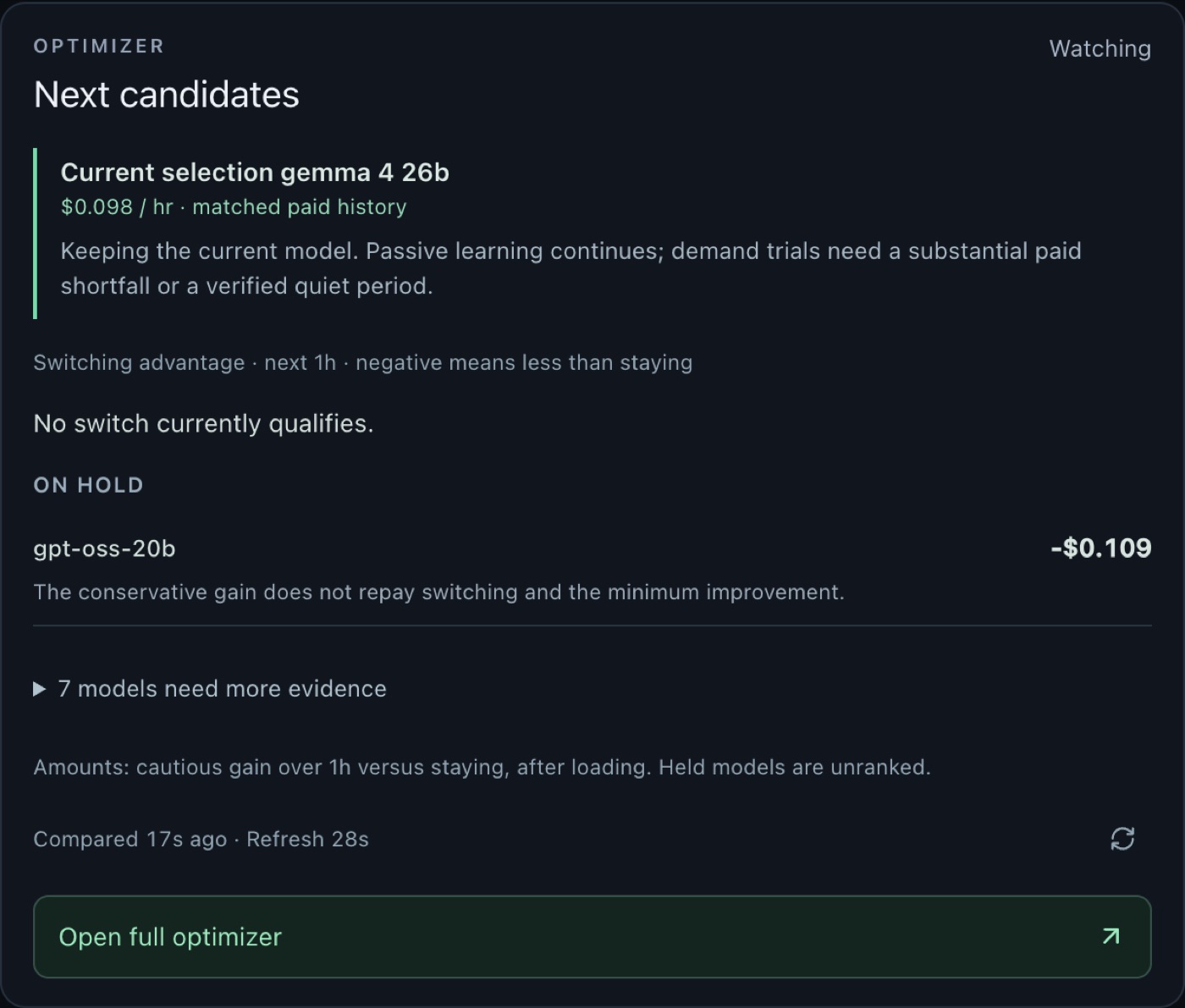Optimizer card explaining why it keeps the current model and why the next candidate is on hold